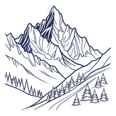 Majestic mountain range illustration isolated on, showcasing rugged peaks and serene valleys, perfect for outdoor adventure themes, natureinspired designs, and scenic travel promotions