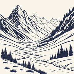 Scenic mountain valley illustration isolated on, featuring winding river and lush forest, ideal for travel brochures, naturethemed websites, and outdoor recreation promotions