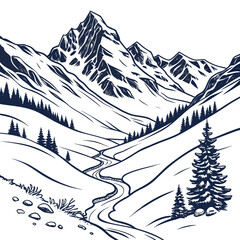 Serene mountain landscape illustration isolated on, showcasing winding river, lush forest, and rocky terrain, perfect for naturethemed projects, travel promotions, and outdoor adventure designs
