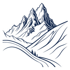 Serene mountain vista illustration isolated on, depicting rolling hills, majestic peaks, and a winding path, perfect for projects related to travel, adventure, and the tranquility of nature