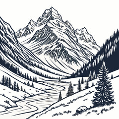 A captivating monochrome illustration showcases a majestic mountain range, complete with towering peaks, winding rivers, and lush forests, all rendered in a striking line art style, isolated on