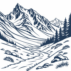 A captivating monochrome illustration showcases a majestic mountain range, complete with towering peaks, winding rivers, and lush forests, all rendered in a striking line art style, isolated on