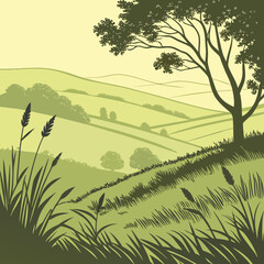 A tranquil countryside landscape illustration features rolling green hills, a lone tree with dense foliage, and tall grass in the foreground, creating a serene and picturesque scene of nature