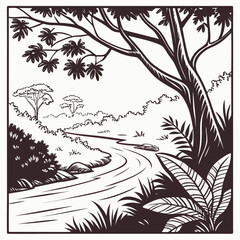 A black and white drawing depicts a lush jungle scene with a winding river, dense vegetation, and towering trees, creating a vibrant and detailed natural landscape isolated on