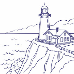A serene line art illustration depicts a lighthouse standing tall on a cliff, overlooking the vast ocean, with gentle waves lapping at the shore, isolated on