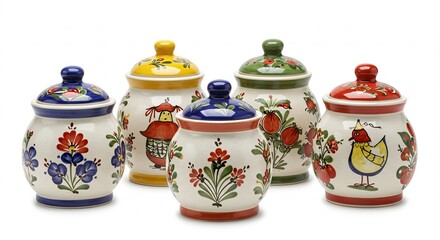 Brightly lit colorful ceramic jars with charming folk art designs and decorative lids in a clean studio setting. AI Generated
