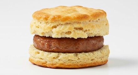 Savory sausage patty nestled in a flaky golden biscuit shot with clean even studio lighting a delightful meal. AI Generated