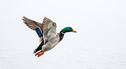Brightly colored mallard duck flying swiftly against a clean white background with soft light. AI Generated