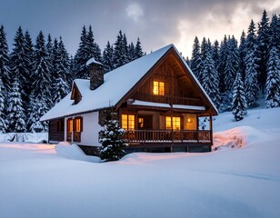Cozy wooden cabin, illuminated by warm lights, nestled in a snowy forest