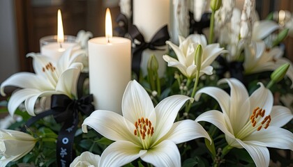 Remembrance and solemn homage are suggested by lit candles with black ribbon and white lilies.  In times of loss and grief, this flower arrangement provides consolation and serenity.