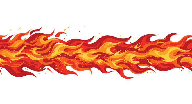 Stylized pixel art flames forming a horizontal fire border, with vibrant red, orange, and yellow colors and small sparks on a white background.