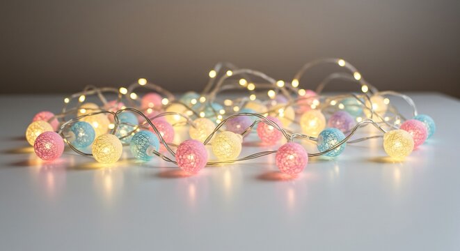 Colorful pastel spherical string lights emitting a beautiful warm glow creating a delightful festive atmosphere.. AI Generated - Powered by Adobe