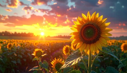 A vibrant field of sunflowers basks in the golden light of a radiant sunset, painting the sky with fiery hues. The sunflowers stand tall