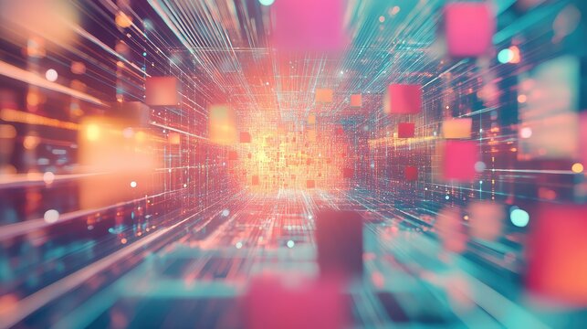 Abstract data network moving through digital grid tunnel