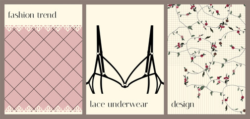 Vector set of three stylish fashion-themed panels. Pink geometric grid pattern. White and floral lace elements, black bra silhouette. Minimalist delicate outline. Elegant modern layout for design
