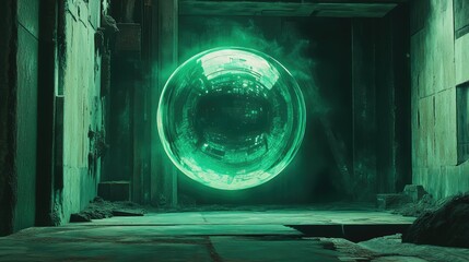 Glowing green energy orb floating in abandoned sci fi structure