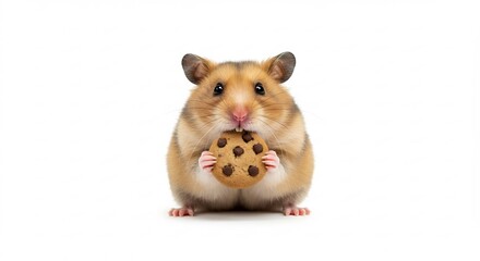 Adorable fluffy hamster greedily munching a chocolate chip cookie against a crisp bright white studio background. AI Generated