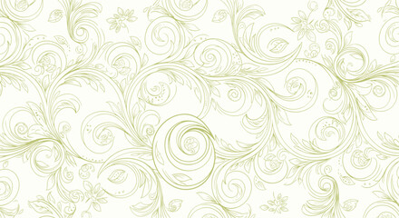 Elegant vintage seamless floral and scroll pattern in light green on a cream background, perfect for decorative designs.