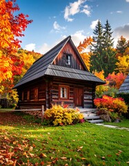 Cozy wooden cabin nestled amongst vibrant autumn foliage