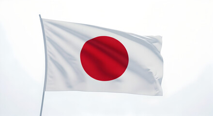 Hinomaru Flag of Japan Waving on a Pole - White Background with Red Sun Disk Symbol