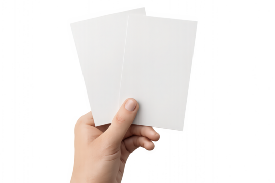 Hand presenting blank white cards on transparent background