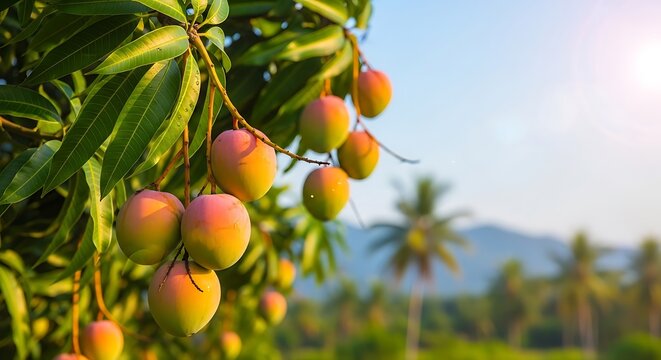 Ripe mangoes hanging from a tree in a tropical orchard
