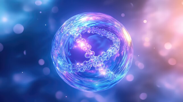 Glowing molecular structure inside abstract cell sphere