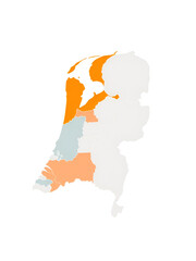 Map of Netherlands with administrative divisions and highlighted position on Europe map. Isolated on white background. Vector illustration.