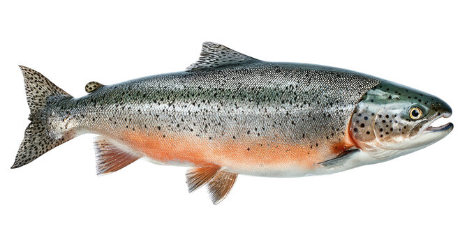 Realistic illustration of a silver salmon with pink underbelly and dark spots