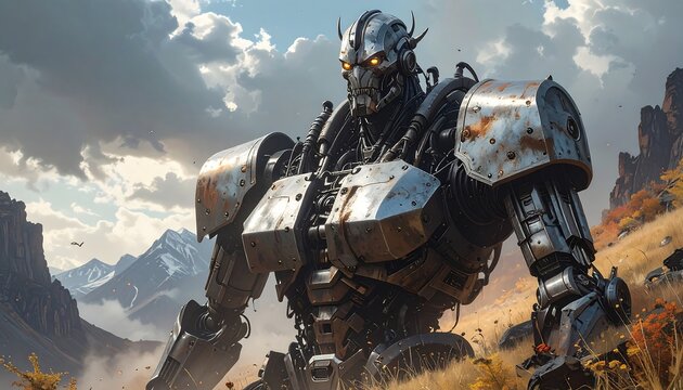 A towering, metallic humanoid figure with glowing orange eyes stands in a mountainous landscape under a cloudy sky. Its armor is weathered