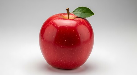 Shiny red apple with a single green leaf and stem