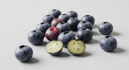 Fresh Blueberries, Whole and Halved, on White

