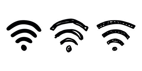 Set of hand drawn free wifi spot zone sign Public wi-fi area sign Wireless internet clipart in doodle style Single element for print, web, design, decor 3G, 4G, 5G, 6G, IoT
