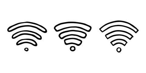 Set of hand drawn free wifi spot zone sign Public wi-fi area sign Wireless internet clipart in doodle style Single element for print, web, design, decor 3G, 4G, 5G, 6G, IoT