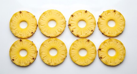 Eight fresh pineapple rings arranged in two rows