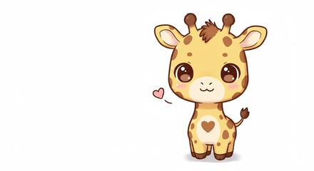 Endearing baby giraffe with glistening eyes and a heart detail expressing innocent charm in a delightful cute illustration style. AI Generated