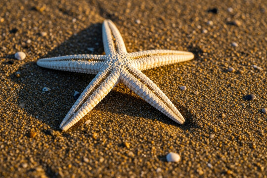 High angle shot of a dried  light starfish lying on textured wet sand