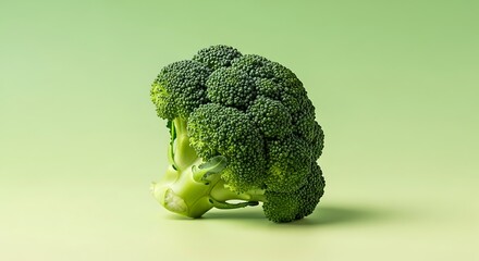 Single fresh broccoli florets on a light green background