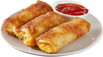 Golden fried egg rolls filled with a cheesy, vegetable mix, with dip