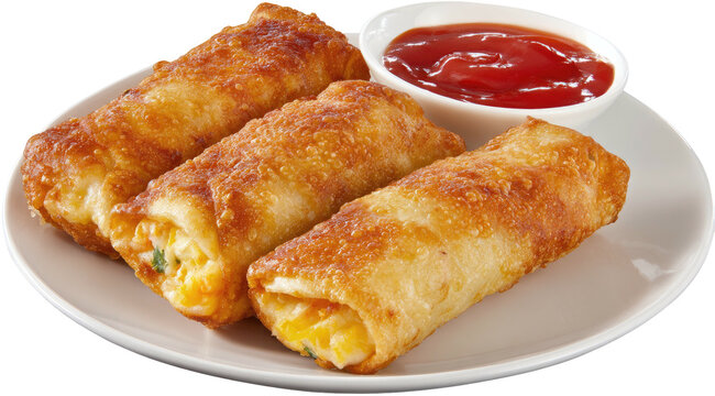 Golden fried egg rolls filled with a cheesy, vegetable mix, with dip