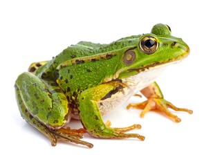 Fototapeta premium Vivid green amphibian with detailed texture on a white backdrop