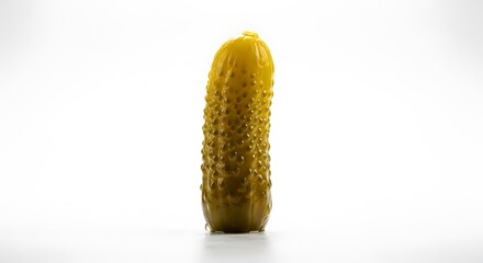 Single dill pickle standing up against a white background