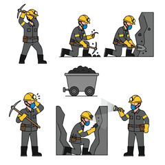 8 set coal miner working underground with a pickaxe and helmet lamp, wearing safety gear, flat design, simple and minimalistic style, white background, clean vector illustration.