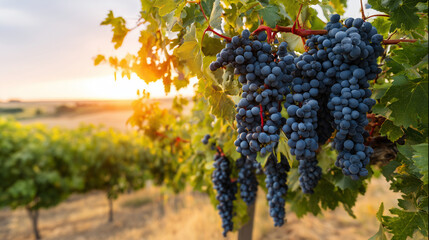 sangiovese. Deep red Sangiovese grapes ripening on the vine in a vineyard at sunset. inspiring travel planning, menu design, designed for culinary blogs and recipe cards for restaurants.