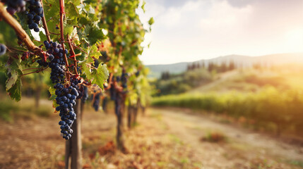 sangiovese. Deep red Sangiovese grapes ripening on the vine in a vineyard at sunset. inspiring travel planning, menu design, designed for culinary blogs and recipe cards for restaurants.