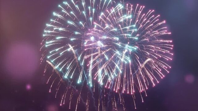 Two vibrant fireworks one cyan and one magenta burst against a hazy purple night sky - Powered by Adobe