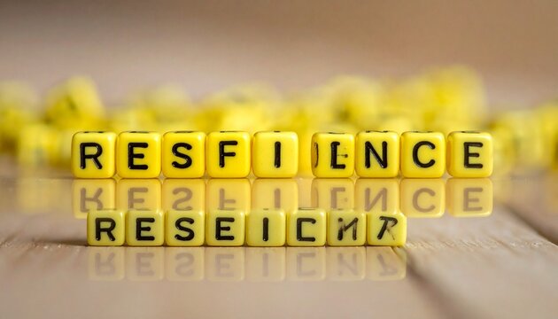 Yellow tiles spelling “RESILENC” on wood with mountain lake sunset in background, evoking resilience and nature.