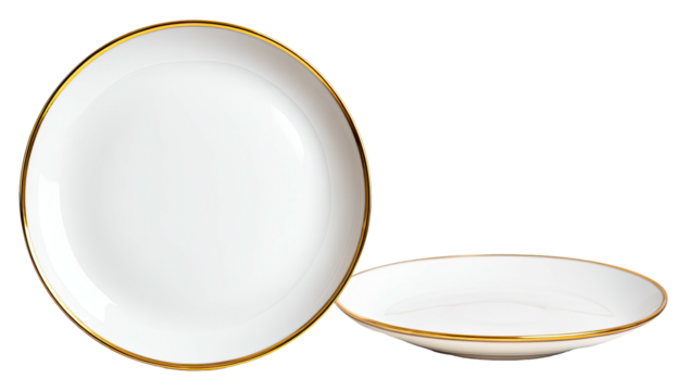 Two white plates with thin gold rims on a transparent background