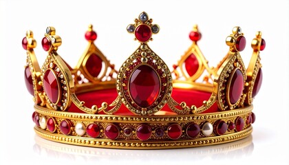 Fototapeta premium Ornate gold crown with red and green gemstones on dark background, symbolizing royalty and opulence.