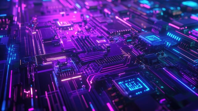 Circuit board abstract background showing glowing blue and purple data transfer